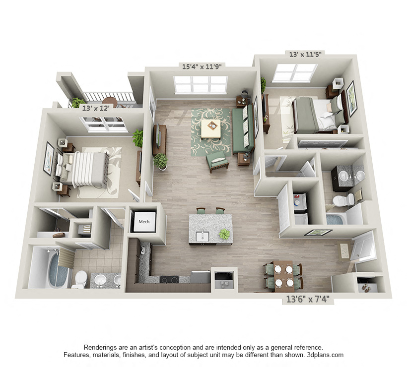Floor plan for 2 beds, 2 baths, 1192 sqft